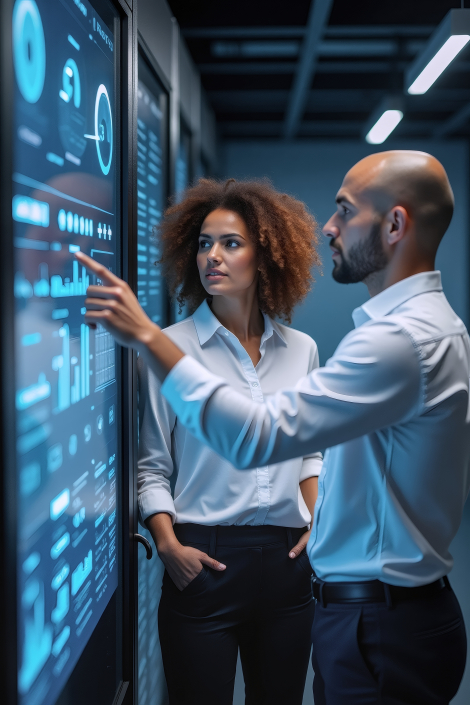 Data Analysis Duo: A focused team of IT professionals collaborates, reviewing data on a large interactive screen in a modern server room.