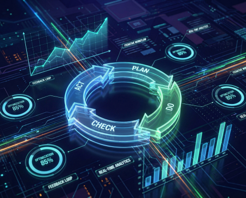 Futuristic business process optimization dashboard with PDCA cycle, plan do check act loop, real time analytics charts, data visualization interface, performance metrics, digital transformation.