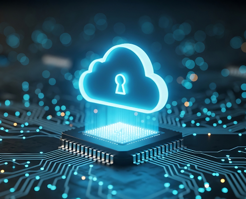 symbolizing data sovereignty and code compliance,Glowing cloud with padlock hovering above circuit board representation of cloud security and data encryption, showing a glowing cloud