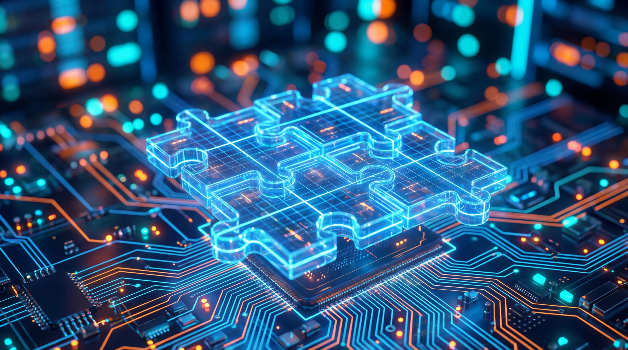 Puzzle pieces forming a complete unit on a circuit board representing technological integration