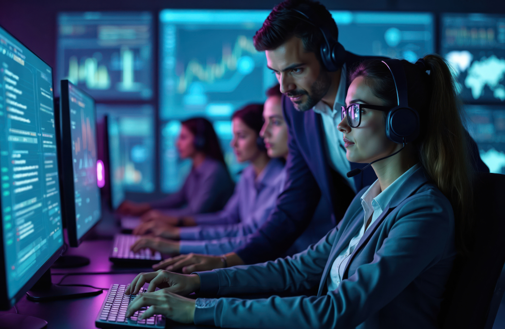 Diverse IT team works late in cybersecurity control room. People wear headsets, monitor computer screens with data. Manager oversees staff during night shift in a tech office.
