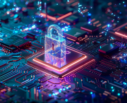 Futuristic Cyber Security Padlock Icon on Microchip, glowing glass lock with neon data streams over circuit board, data protection encryption technology 3D render background