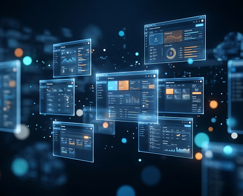 Modern digital dashboards display real-time data analytics and business intelligence on floating transparent screens in a futuristic technological environment.