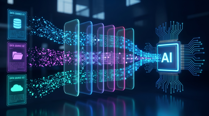 Artificial Intelligence Data Pipeline Processing Multiple Digital Sources Through Layered Computing and Smart Automation