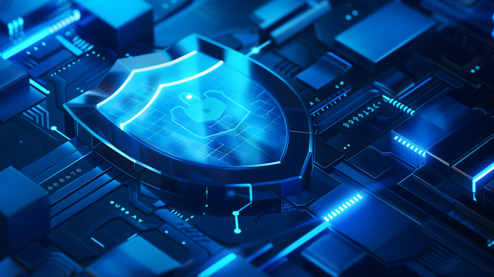 cybersecurity, illuminated shield with a lock symbol on a detailed circuit board, symbolizing the importance and intricacy of digital security technology